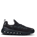 A pair of black On Cloudleap shoes for kids with pull-on design, elastic lace, and a lightweight foam midsole.