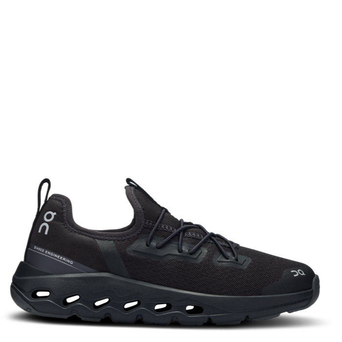 A pair of black On Cloudleap shoes for kids with pull-on design, elastic lace, and a lightweight foam midsole.