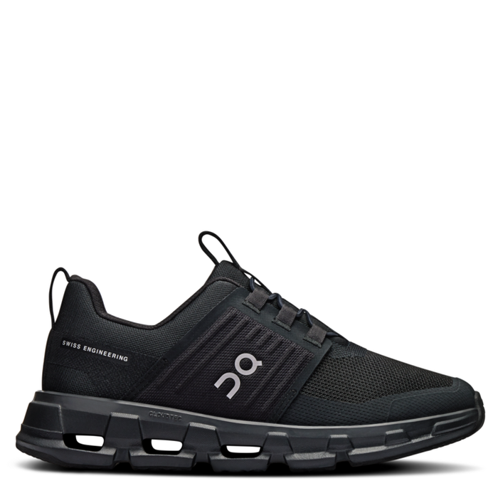 A pair of black Cloudswift 4 kids athletic shoes designed for running, featuring a mesh upper, elastic laces, and a midsole for cushioning.