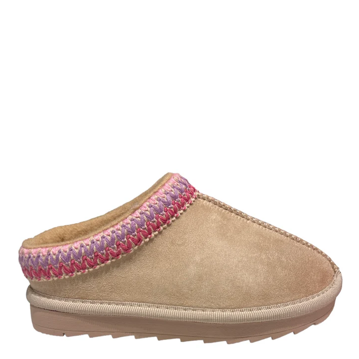 A children's slipper with faux fur lining, in a beige color with pink and purple braided trim on the sole.