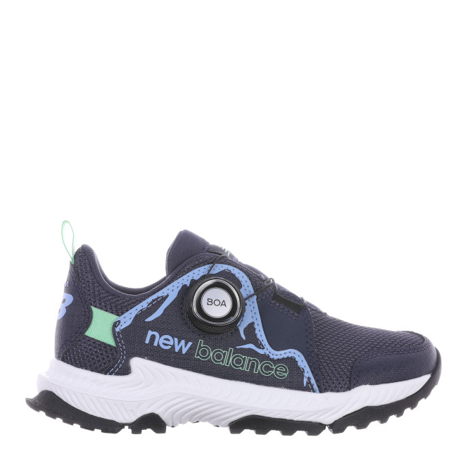 A pair of New Balance Kids' Dynasoft Reveal v4 sneakers with blue and gray uppers, black midsole, and a gray rubber outsole.