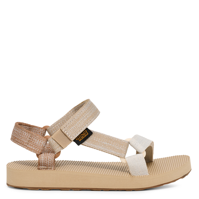 A pair of kids' water sandals with metallic rose gold straps and a beige sole.