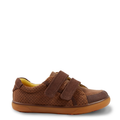 A brown eco-friendly kids' sneaker with a saddle design and Velcro straps, featuring a rubber regrind outsole.