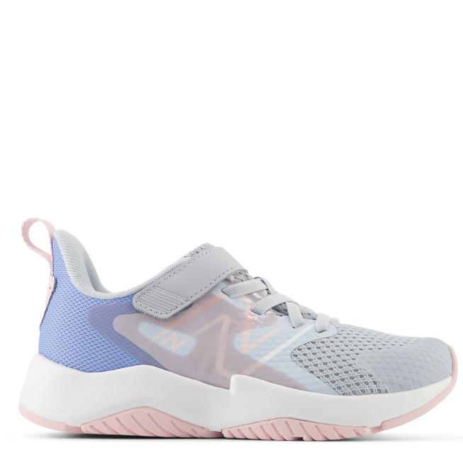 A kid's running shoe with a gray upper, pink accents, and a white midsole.