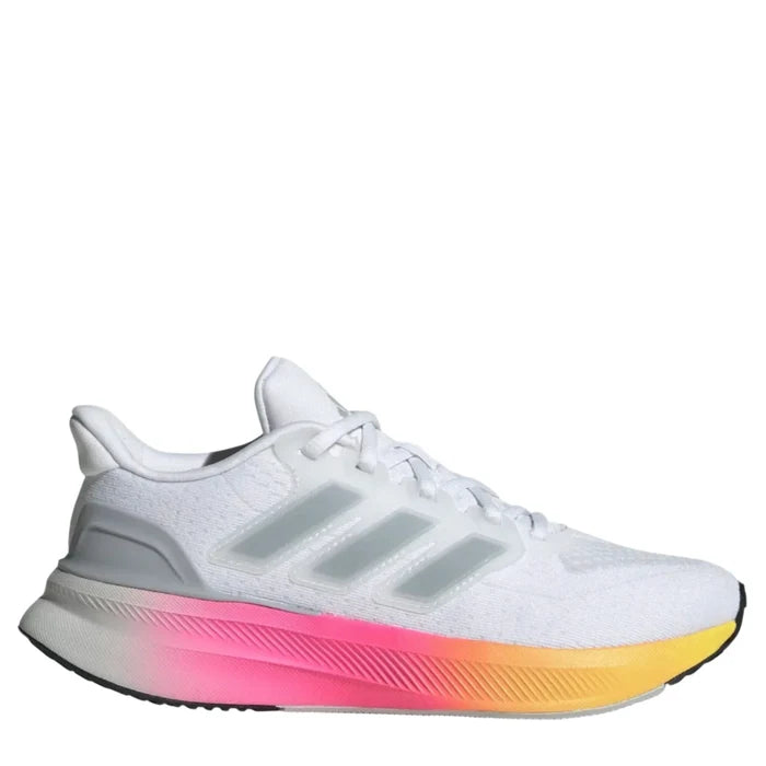 A pair of white adidas sneakers with a mesh upper and a colorful rubber outsole featuring pink and yellow tones.
