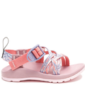 A child's sandal with a pink and gray webbing pattern, adjustable straps, and a pink sole.