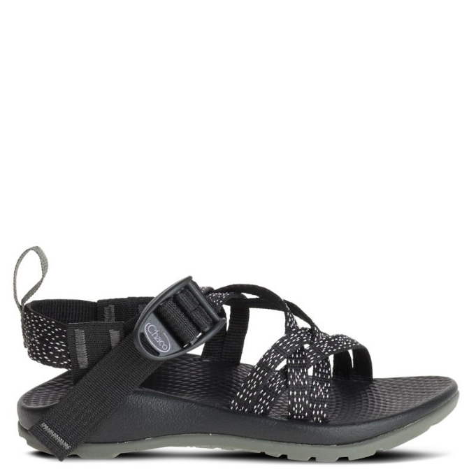 A pair of children's sandals with black webbing and straps, featuring a contoured footbed and adjustable strap system.