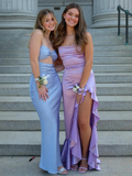 Lavender Mermaid Straps Cowl Neck Satin Long Prom Dress