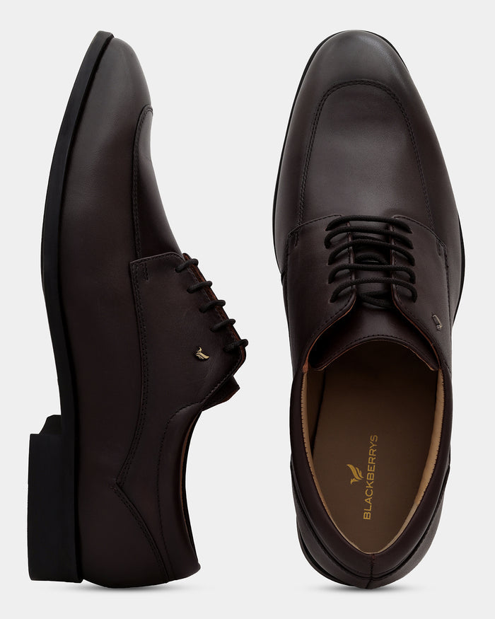 Leather Brown Solid Derby Shoes - Aztec