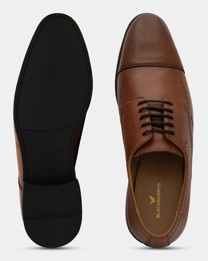 Leather Tan Solid Derby Shoes - Ally