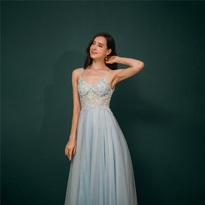 Light Blue Chiffon A-line Beaded Long Prom Dress