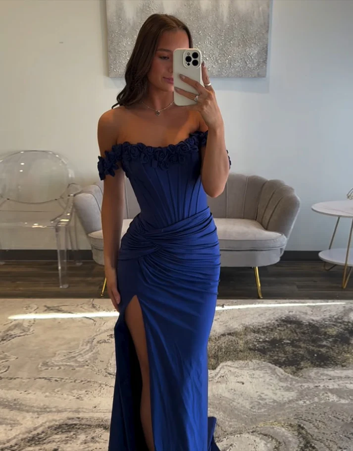 Light Blue Corset Slit Long Prom Dress with 3D Flowers Sheath Evening Gowns