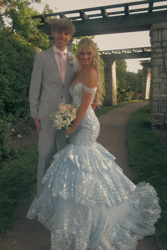 Light Blue Off-the-shoulder Tiered Long Mermaid Prom Dress