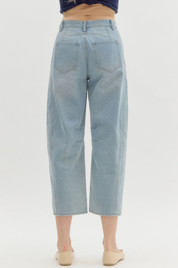 Women's Entro Brand light washed denim barrel jeans showing back view