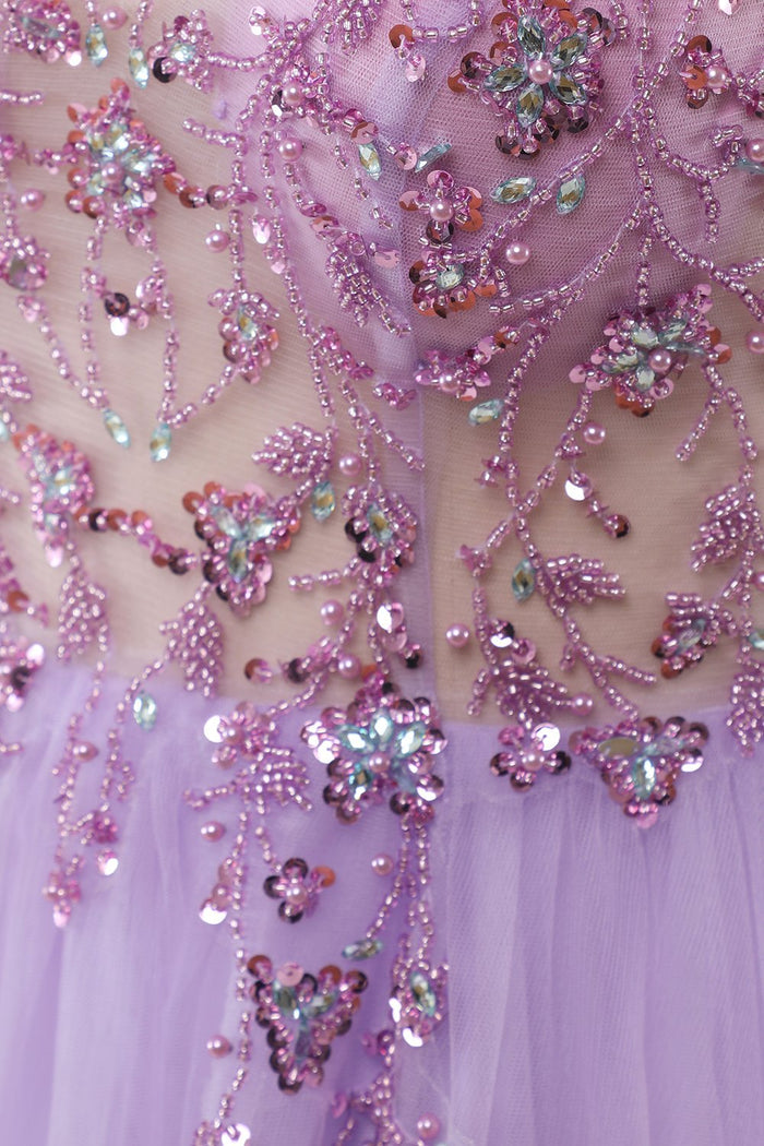 Light Purple A-line Rhinestones Tulle Long Prom Dress