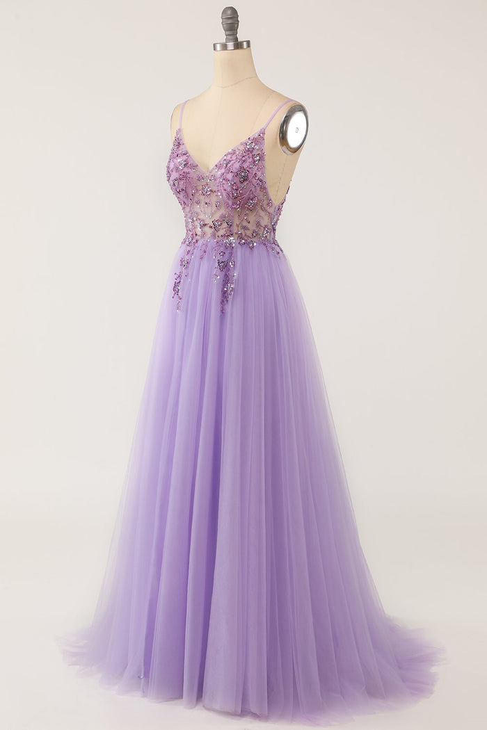Light Purple A-line Rhinestones Tulle Long Prom Dress