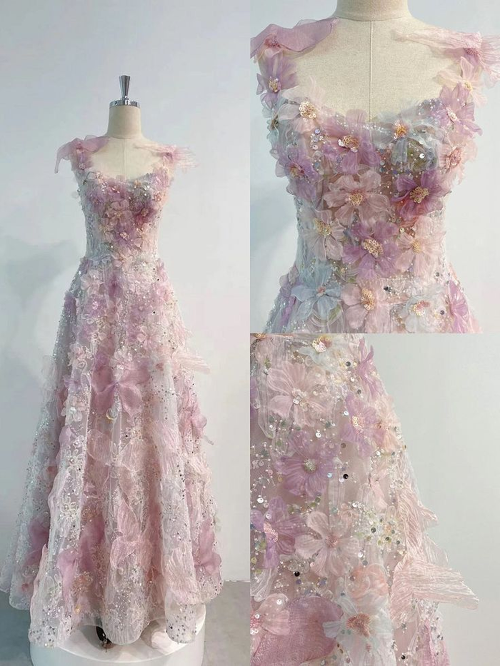 line 3D Floral lace skirt tulle bodice floor-length prom dresses