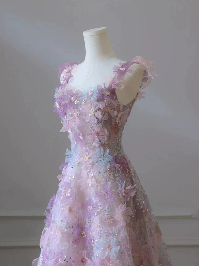 line 3D Floral lace skirt tulle bodice floor-length prom dresses