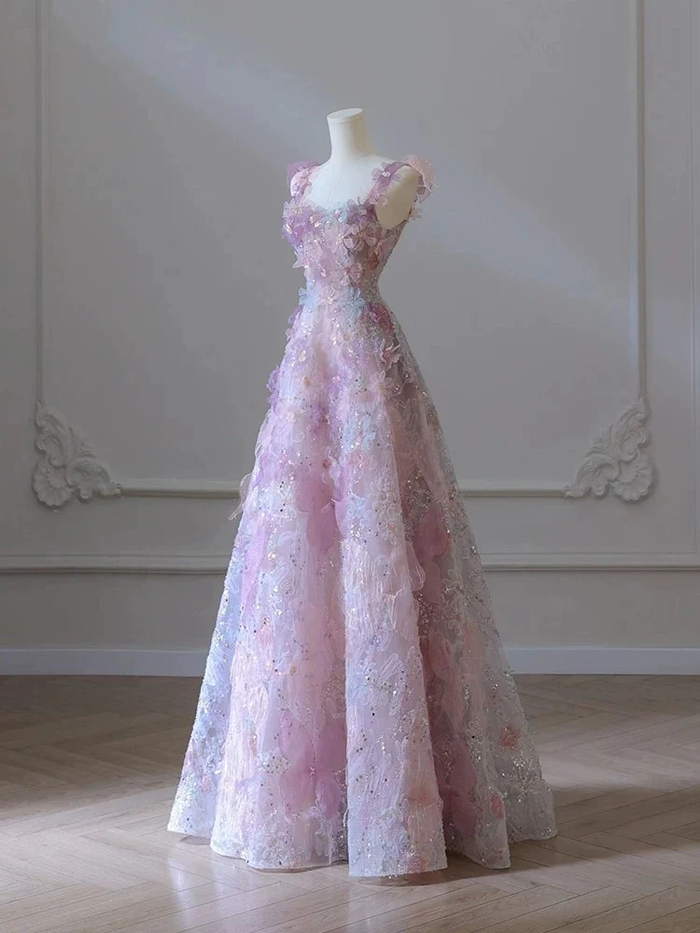 line 3D Floral lace skirt tulle bodice floor-length prom dresses