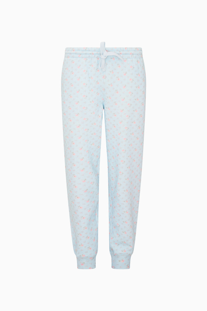 Light blue pajama pants with small colorful patterns on a white background