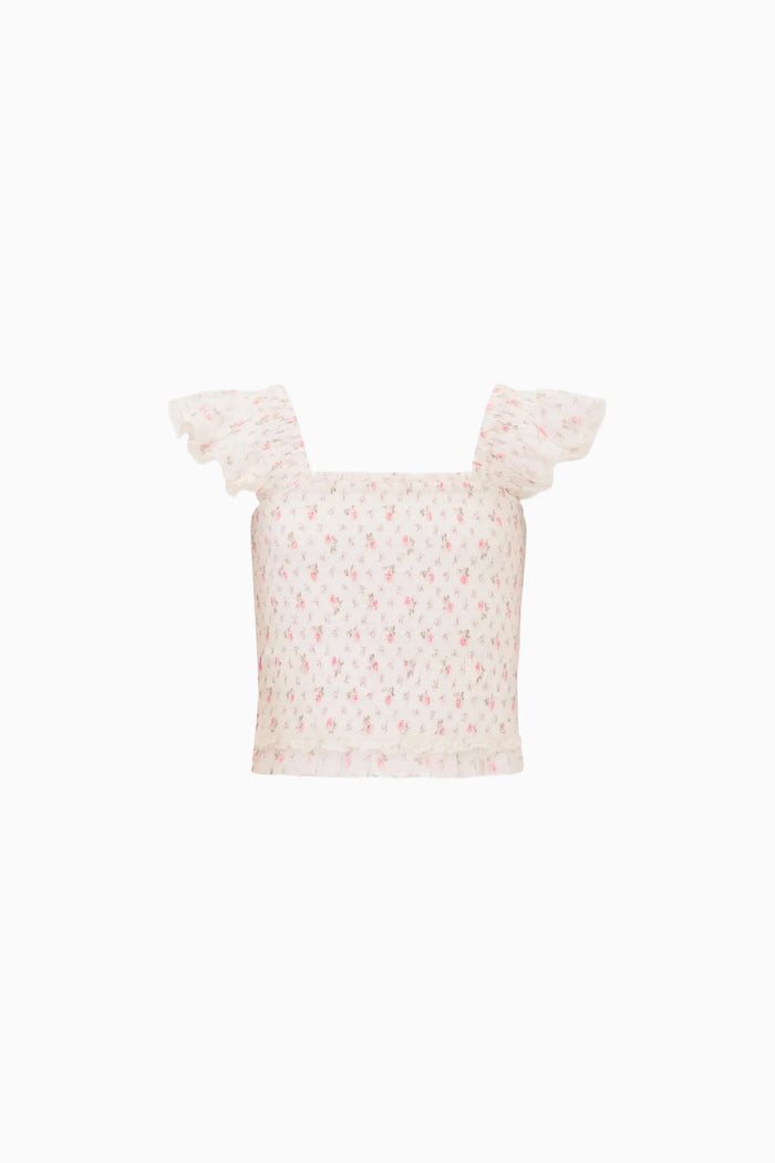 Top with floral pattern and ruffled sleeves on a white background