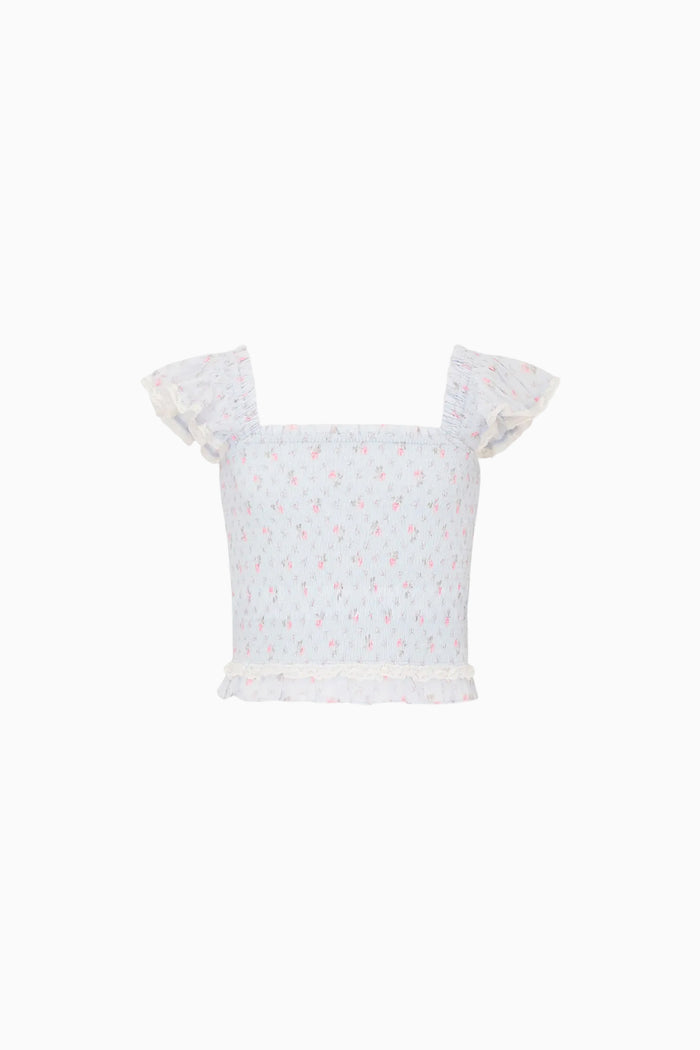 light blue top with floral pattern on a white background