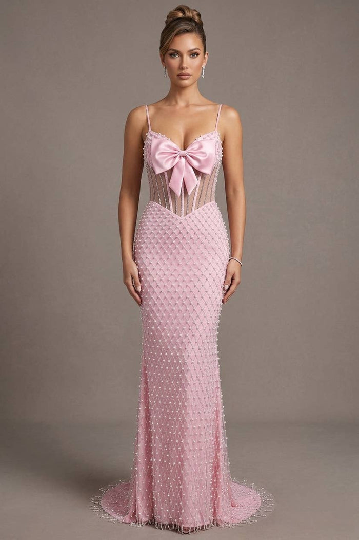 Long Dress With Bow, Pearls And Jewel Rhinestones C848
