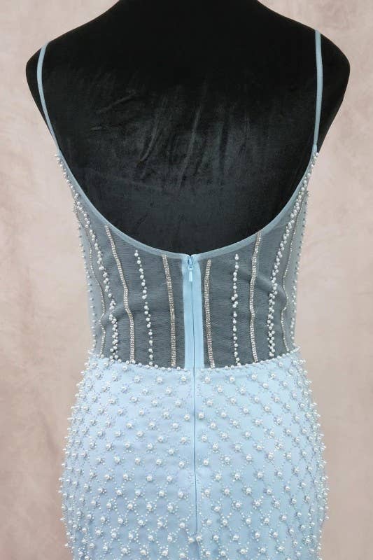 Long Dress With Bow, Pearls And Jewel Rhinestones C848