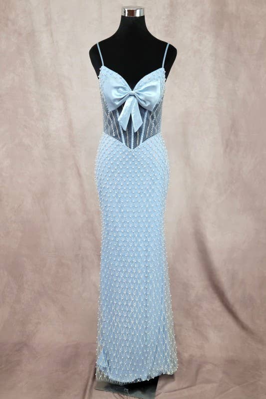 Long Dress With Bow, Pearls And Jewel Rhinestones C848