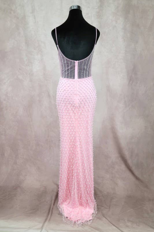 Long Dress With Bow, Pearls And Jewel Rhinestones C848