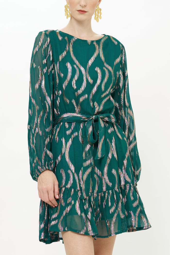 Long Sleeve Flirty Short Dress- Borealis Jade