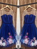 Long Sleeves 3D Floral Short Navy Blue Prom Dresses, Short Blue Formal Graduation Homecoming Dresses