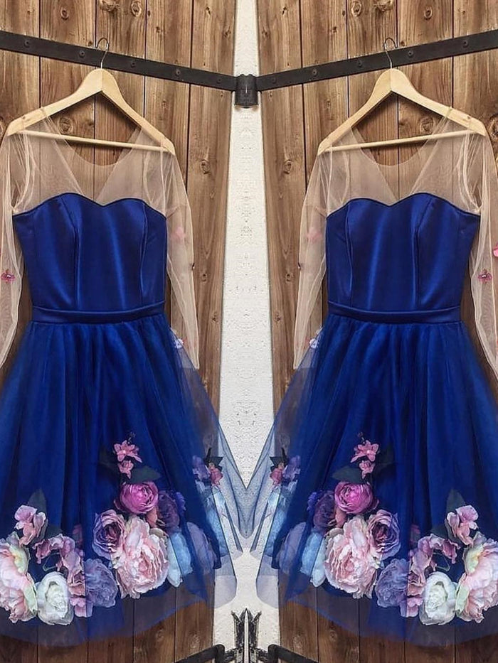 Long Sleeves 3D Floral Short Navy Blue Prom Dresses, Short Blue Formal Graduation Homecoming Dresses