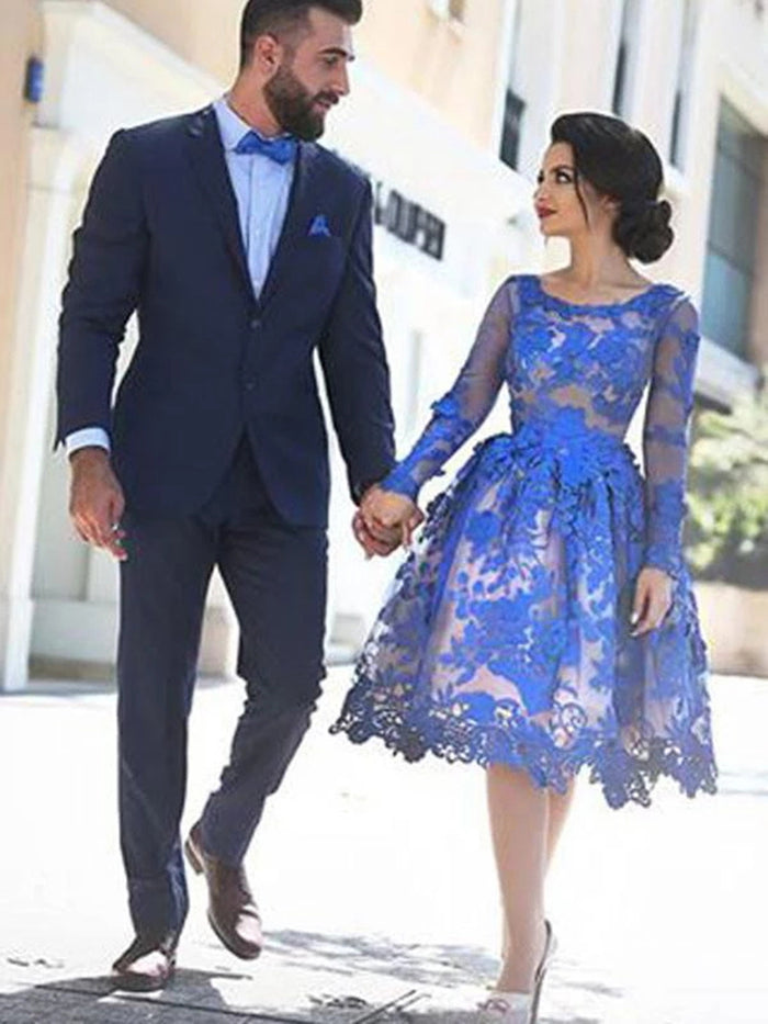 Long Sleeves Knee Length Short Blue Lace Prom Dresses, Knee Length Long Sleeves Blue Lace Formal Homecoming Dresses