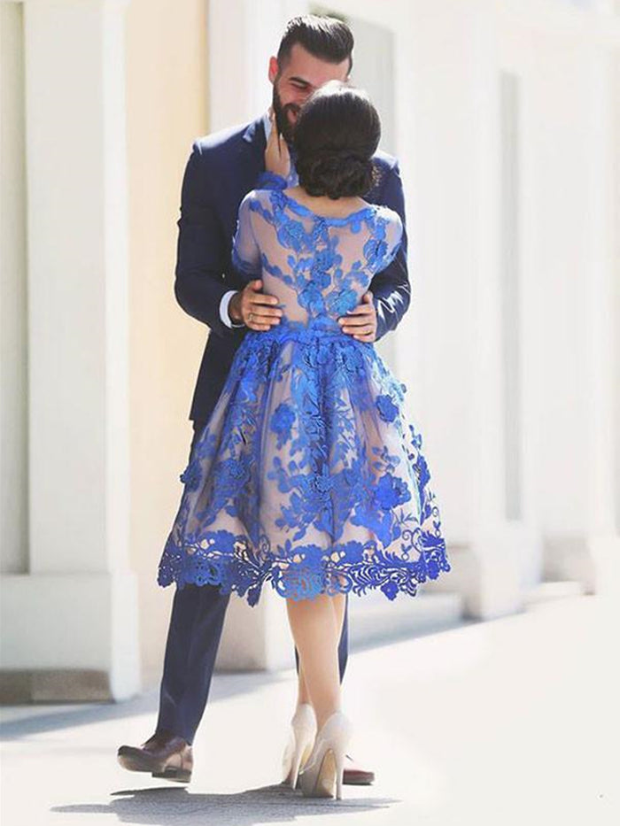 Long Sleeves Knee Length Short Blue Lace Prom Dresses, Knee Length Long Sleeves Blue Lace Formal Homecoming Dresses
