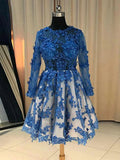 Long Sleeves Short Blue Lace Prom Dresses, Short Blue Lace Formal Homecoming Graduation Dresses
