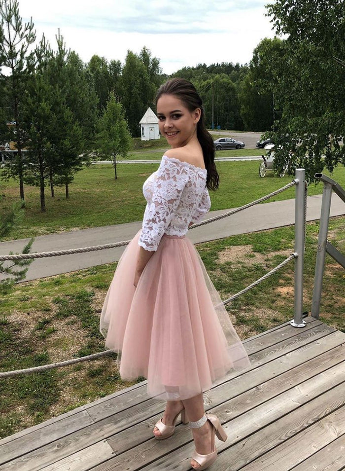 Long Sleeves Short Lace Prom Dress, Long Sleeves White Lace Formal Graduation Homecoming Dresses