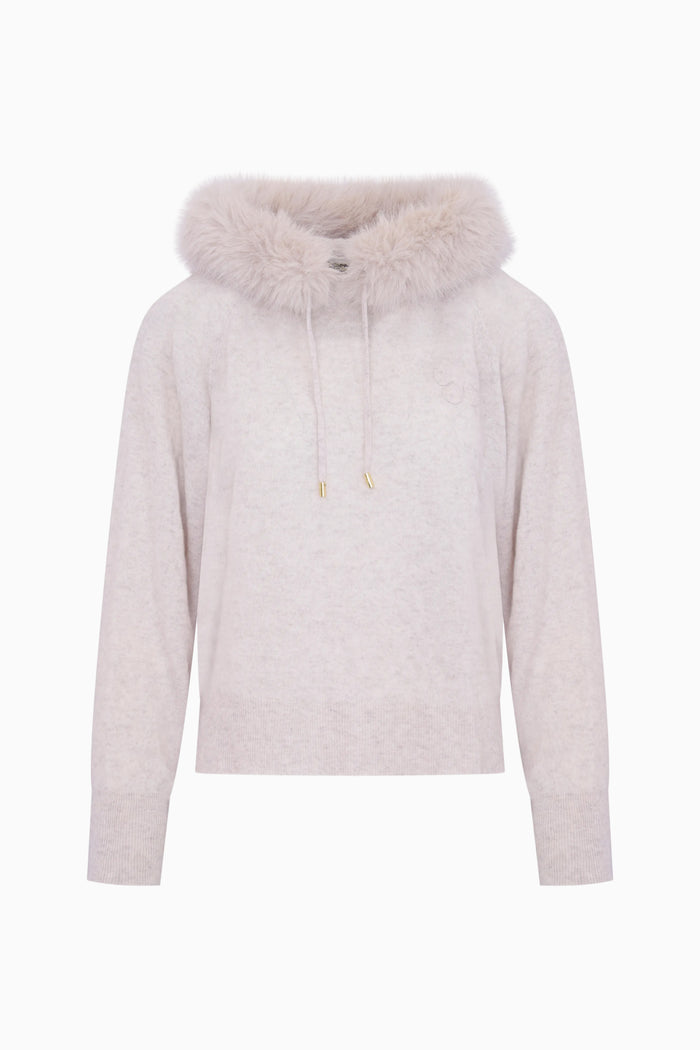 Light gray hoodie with fur hood on a white background