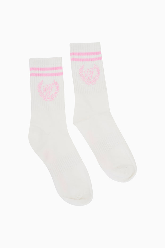 White sock with pink trim stripes and logo on ankle