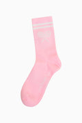 Pink sock with a tennis design on a white background