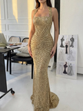 Luxurious Gold Halter Sleeveless Pleated Sequins Mermaid Prom Dress