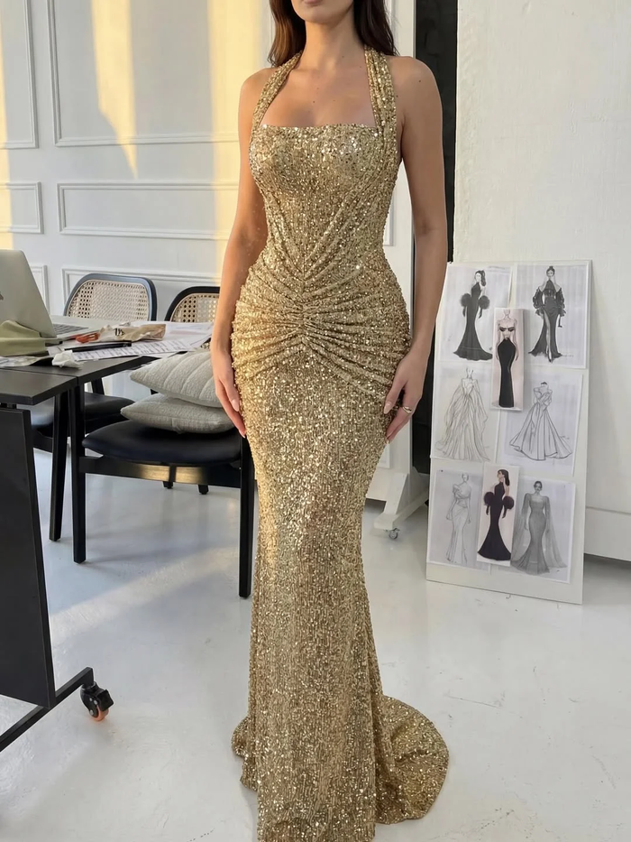 Luxurious Gold Halter Sleeveless Pleated Sequins Mermaid Prom Dress