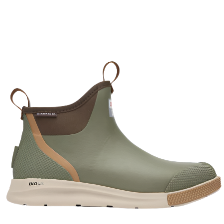 A green and brown men's deck boot with a pull-on design and non-marking slip-resistant sole.