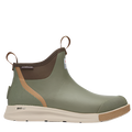 A green and brown men's deck boot with a pull-on design and non-marking slip-resistant sole.