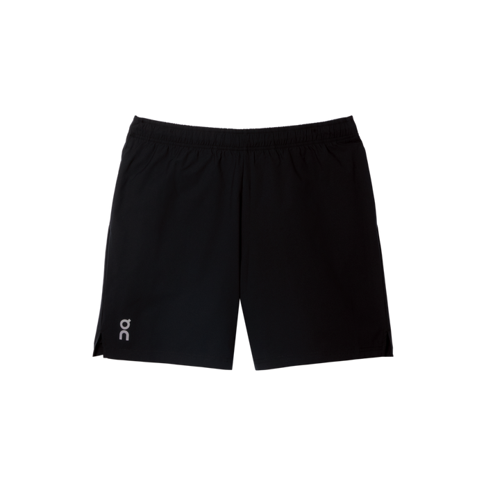 Men's black running shorts with an elastic waistband and side slits, featuring three pockets and a drawcord.