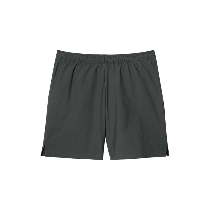 A pair of gray men's running shorts with an elastic waistband, side pockets, and a drawstring.