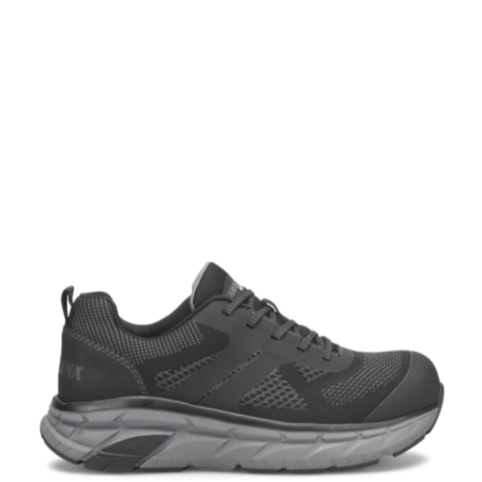 A pair of black athletic shoes with a composite toe and mesh upper.
