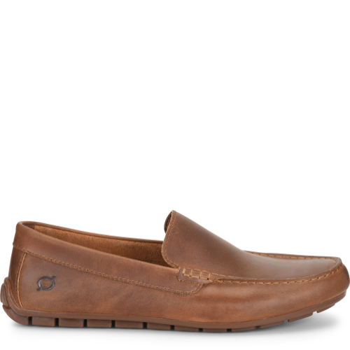 A brown men's slip-on loafer with a rubber bottom and leather upper.