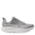 A pair of men's Hoka Clifton 10 running shoes in gray color with lace-up closure.
