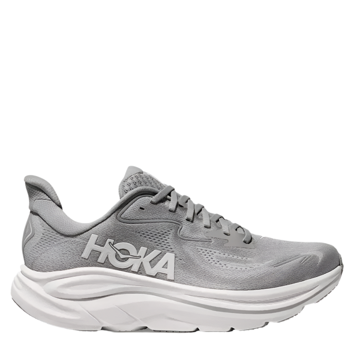 A pair of men's Hoka Clifton 10 running shoes in gray color with lace-up closure.